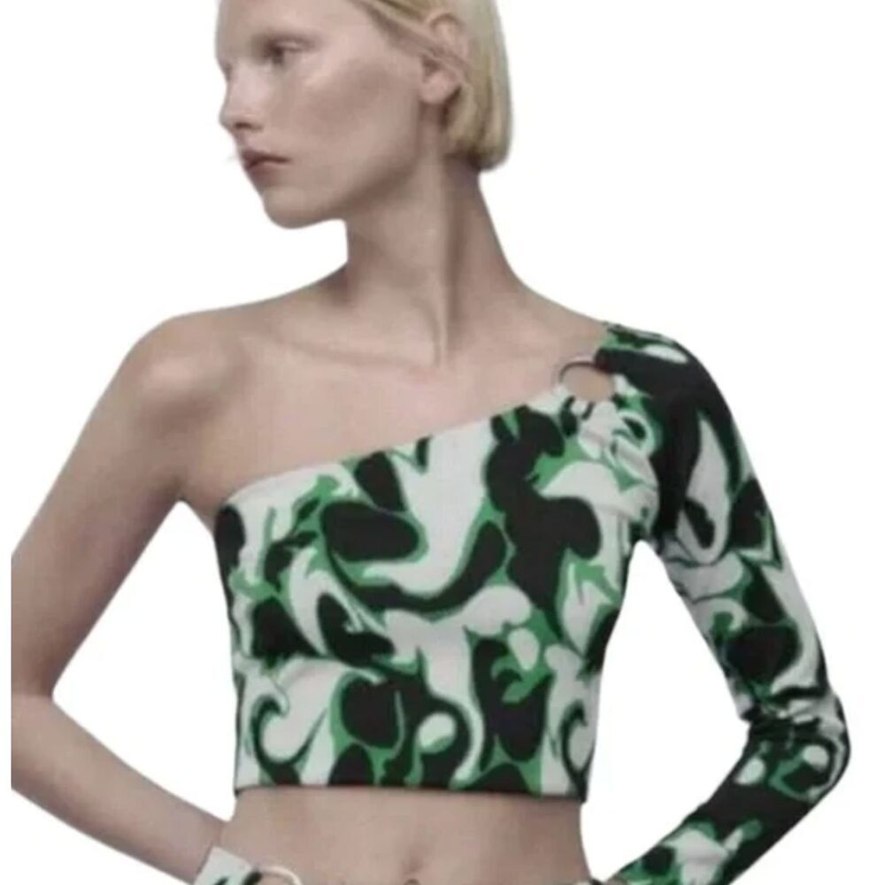 Zara Asymmetrical Retro Crop Top with Silver Embellishment NWOT Sz L